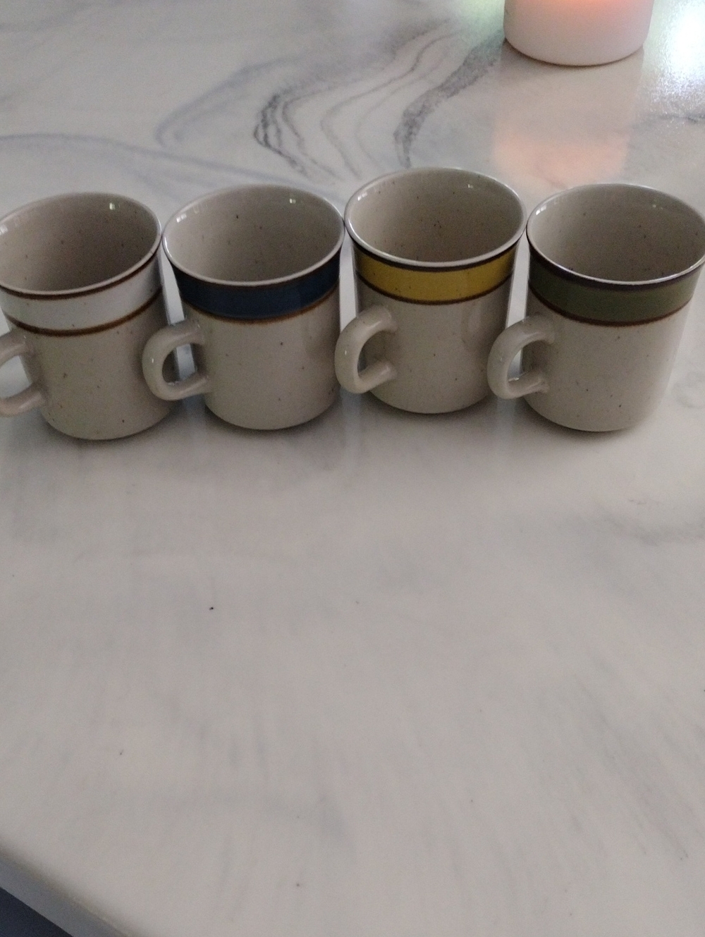 Vintage Rainbow Stoneware Espresso Mugs with Blue, Yellow, Green and Brown Bands